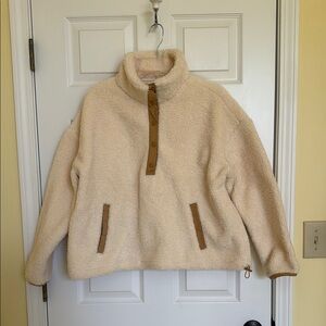 Cozy Cream Sherpa Pullover with Tan Trim